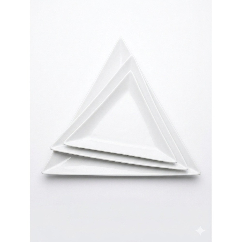 CB2 Crate Barrel White Ceramic Triangular Plates Minimalist Nested Set of 3